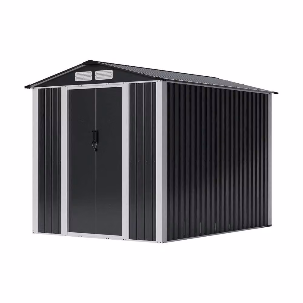 PAWNORA Black Galvanised Steel Metal Garden Storage Shed with Double Doors and Gable Roof – 3