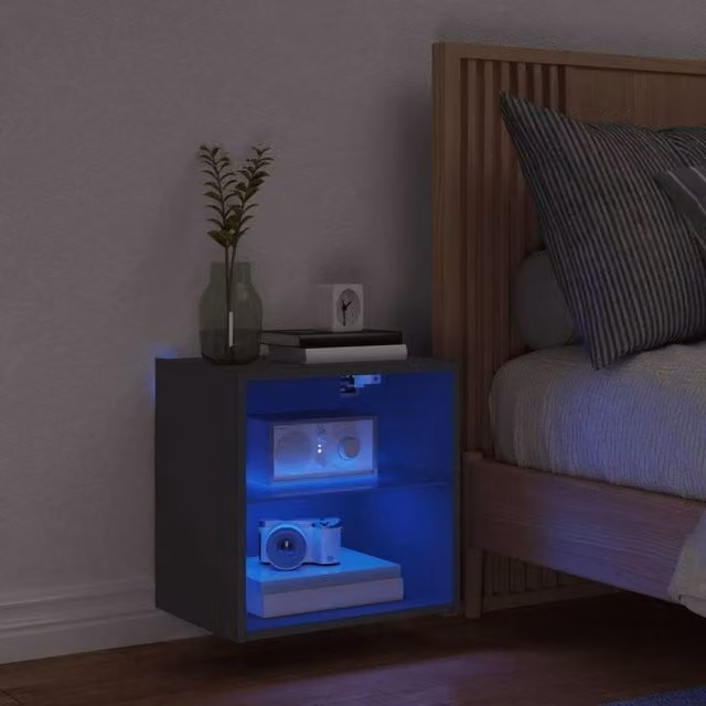 Berkfield Home Modern Wall-mounted Black Decorative Bedside Cabinet with Integrated LED Lights – 1