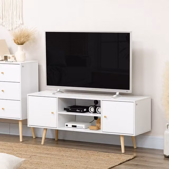 HOMCOM White TV Stand Cabinet with Wood Legs – 1