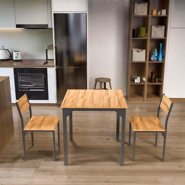 WestWood Industrial Square Wood Dining Table and 2 Chairs Set in Natural and Brown