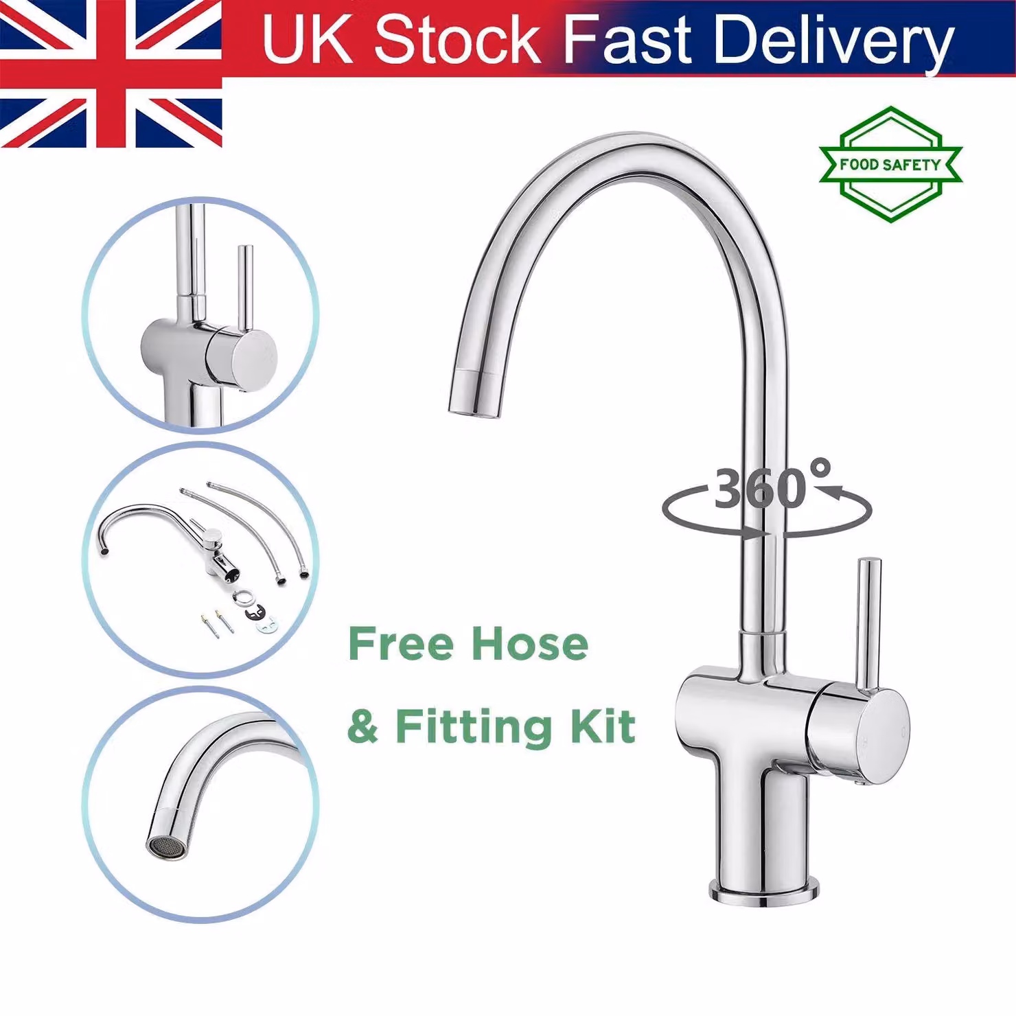 BATHWEST Single Lever Solid Brass Kitchen Sink Mixer Tap in Silver Chrome – 2