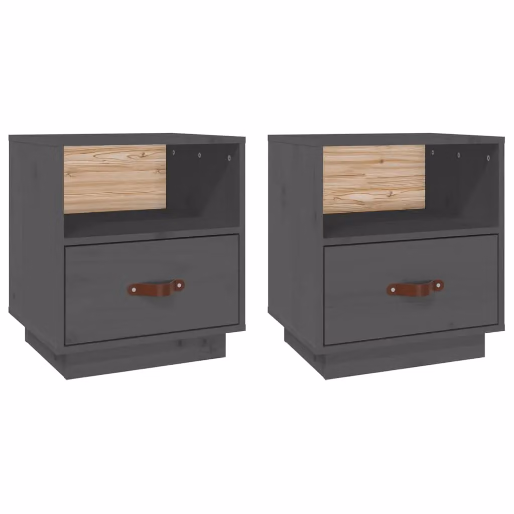 Berkfield Home Set of 2 Grey Rustic Solid Wood Pine Bedside Cabinets W: 40 cm, D: 34 cm, H: 45 cm – 2