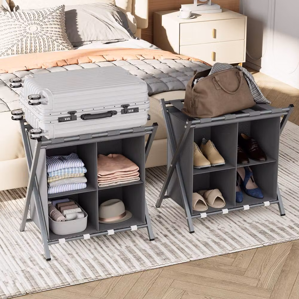 Huhote Set of 2 Sturdy Luggage Rack Stands with Storage in Grey – 9