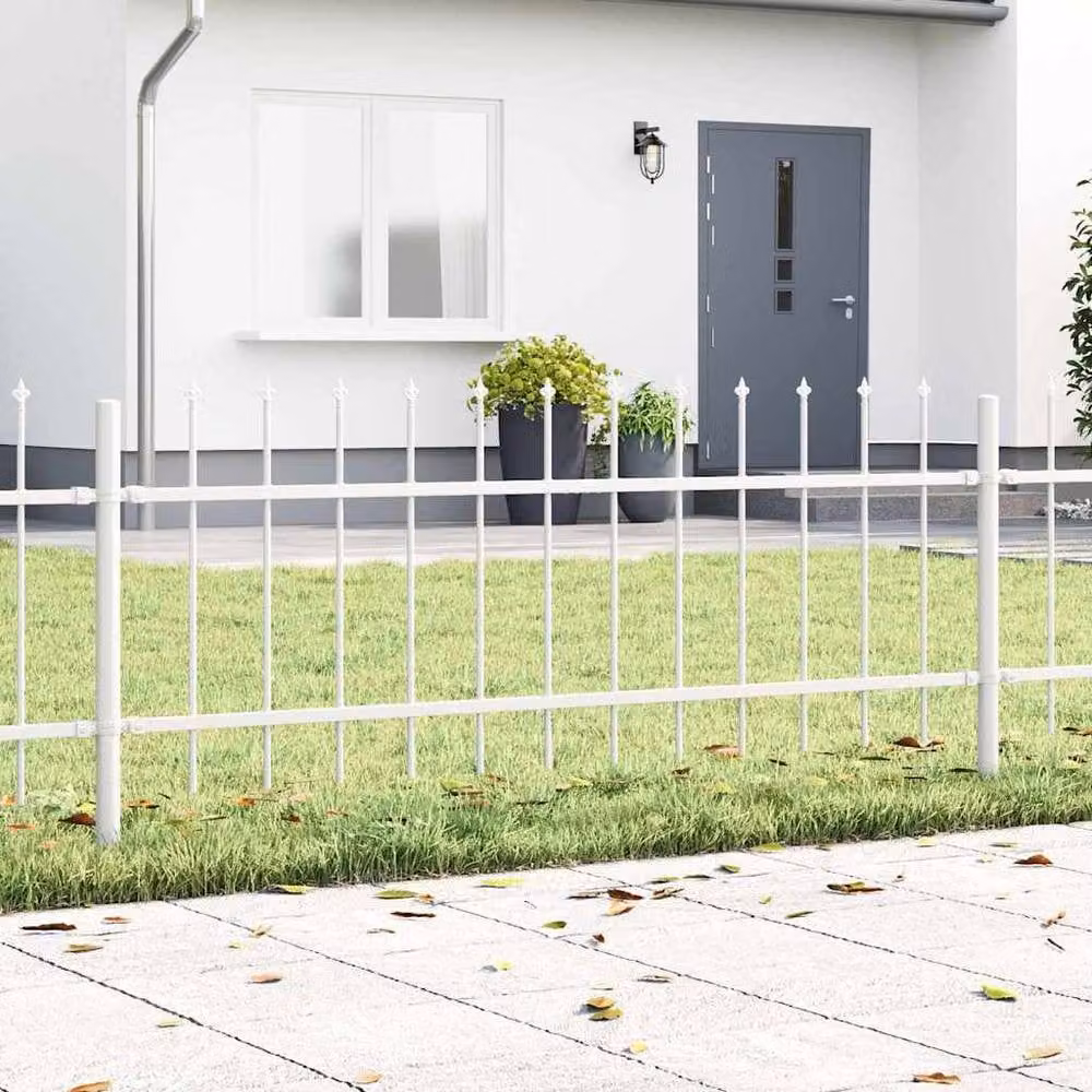 Berkfield Home White Steel Garden Fence with Pointy Tops, Width: 10.2 m, Height: 0.6 m