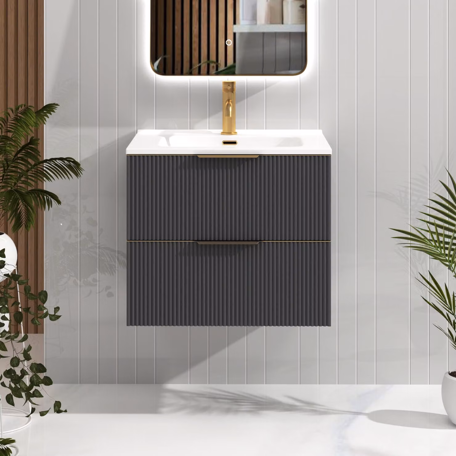 Royal Bathrooms Evora 700mm Graphite Grey Fluted Wall Hung Vanity Unit with 2 Drawers, Ceramic Basin and Brushed Brass Handles