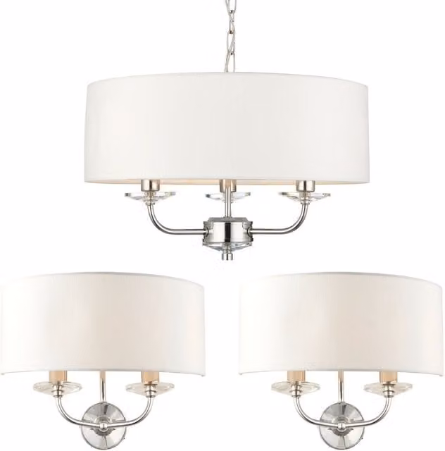 Loops 3 Bulb Ceiling Pendant Lamp and 2x Matching Twin Wall Lights in Silver and White