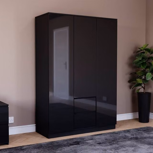 HD Designs Glinton High Gloss 3 Door 2 Drawer Wardrobe in Black