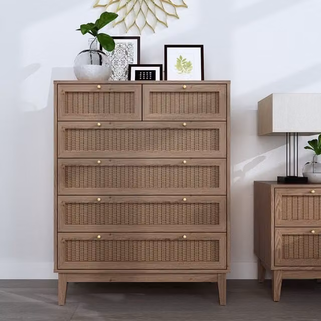 LPD Home Bordeaux 6-Drawer Chest in Oak with Rattan Details