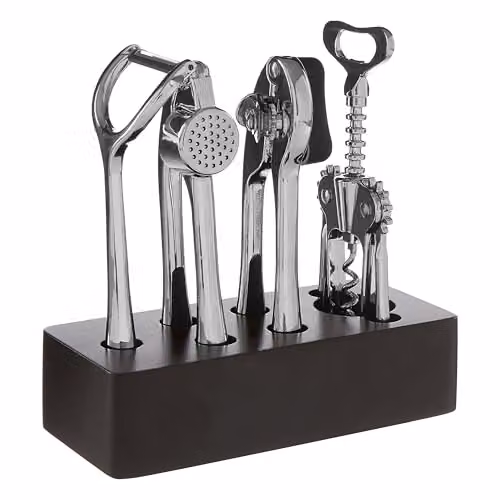 Premier Housewares 5-Piece Kitchen Gadget Set in Silver and Black with Wooden Stand – 1