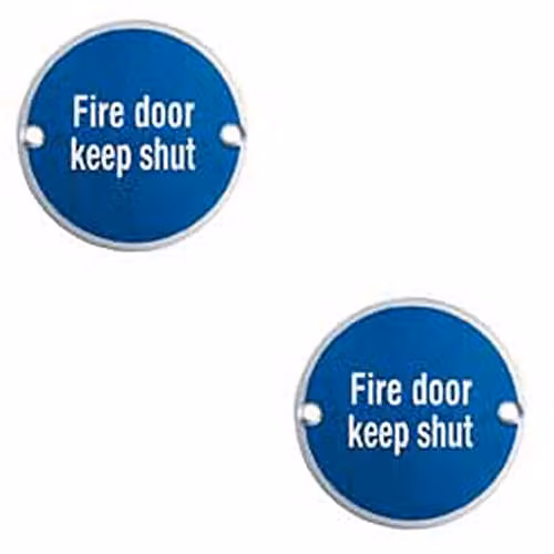 Loops 2 Pack Fire Door Keep Shut Plaques in Brushed Silver Aluminium, 76mm Diameter