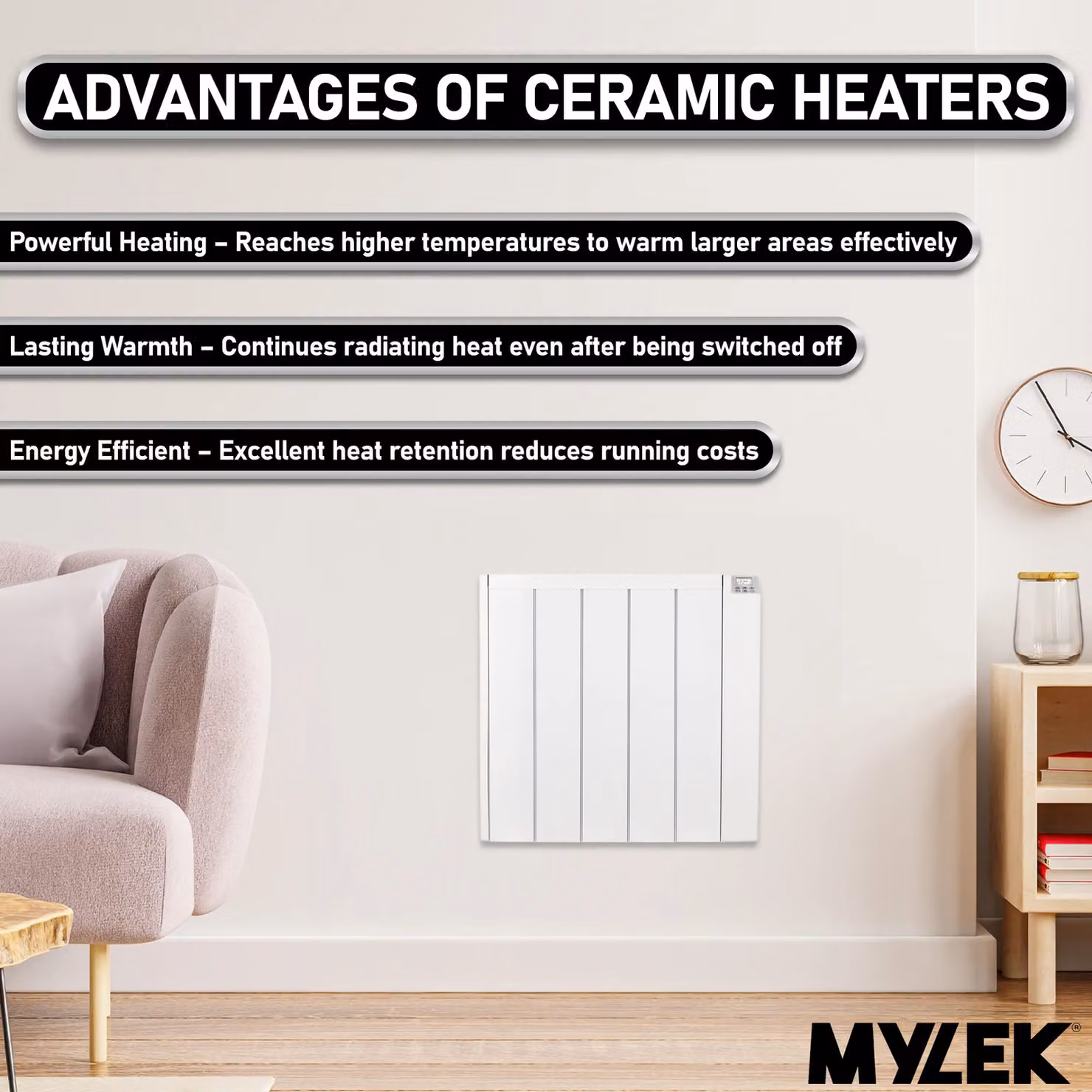 MYLEK 1500W Ceramic Electric Panel Heater with Digital Timer in White – 3