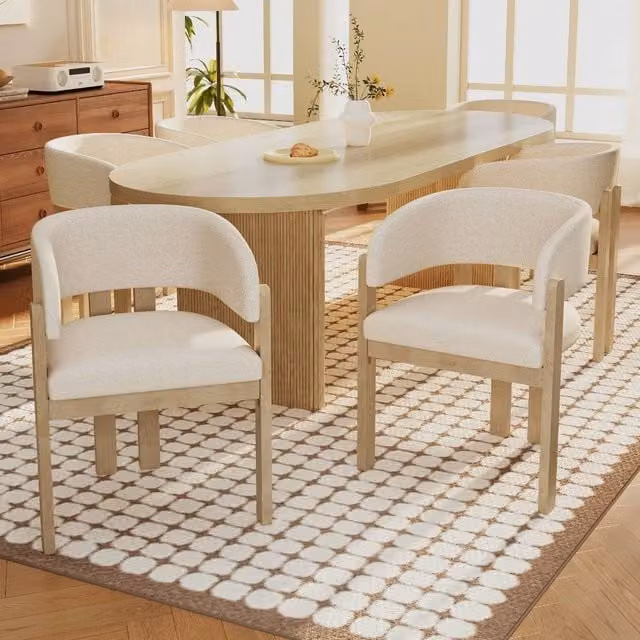 Rolipo Set of 6 Scandinavian Oak Dining Chairs in Beige Bouclé