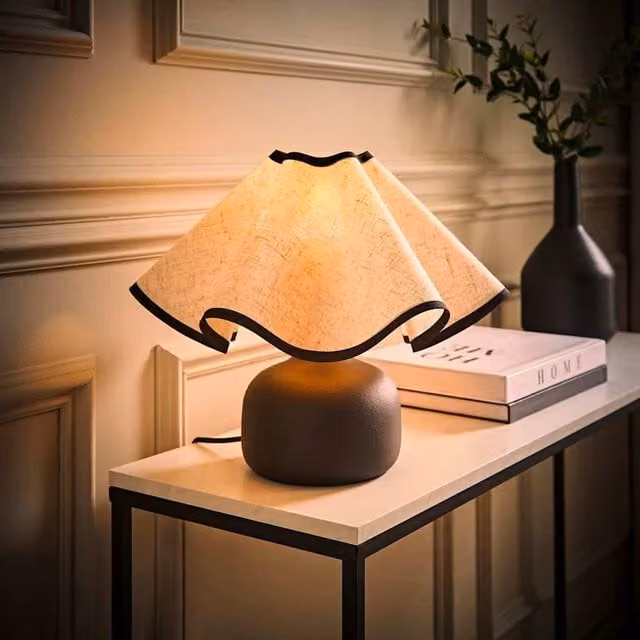 Emilia Ceramic Table Lamp with Beige Linen Wave Shade in Black