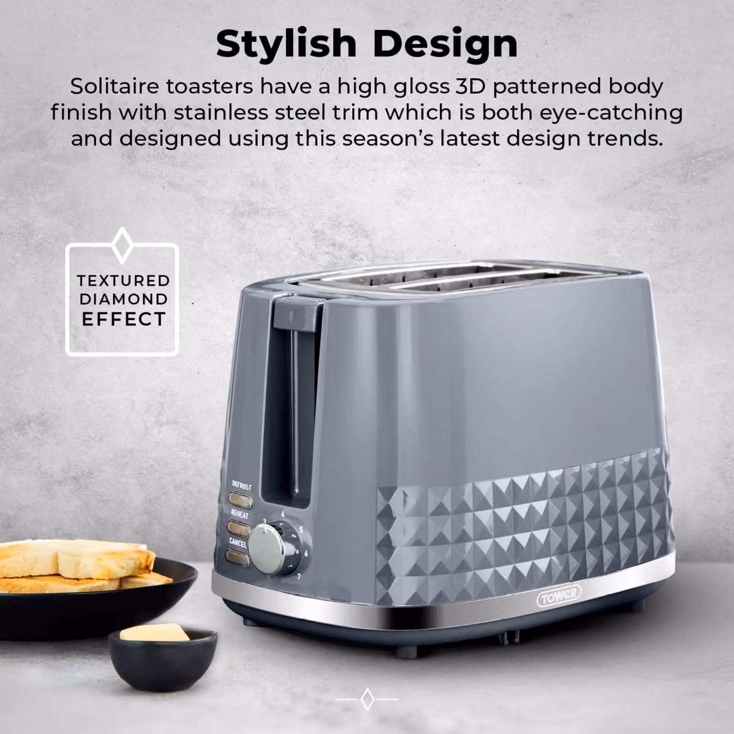 Tower Solitaire 2 Slice Toaster, 850W, Grey with Cable Storage – 3