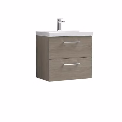 Balterley Wall Hung Bathroom Vanity Unit with Basin and 2 Soft Close Drawers, Woodgrain Grey, W: 61.0 cm, D: 39.0 cm, H: 57.9 cm – 1