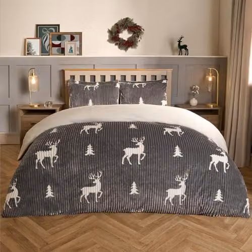OHS Stag Print Chunky Ribbed Duvet Cover and Pillowcase Set, Grey, 200 x 200 cm
