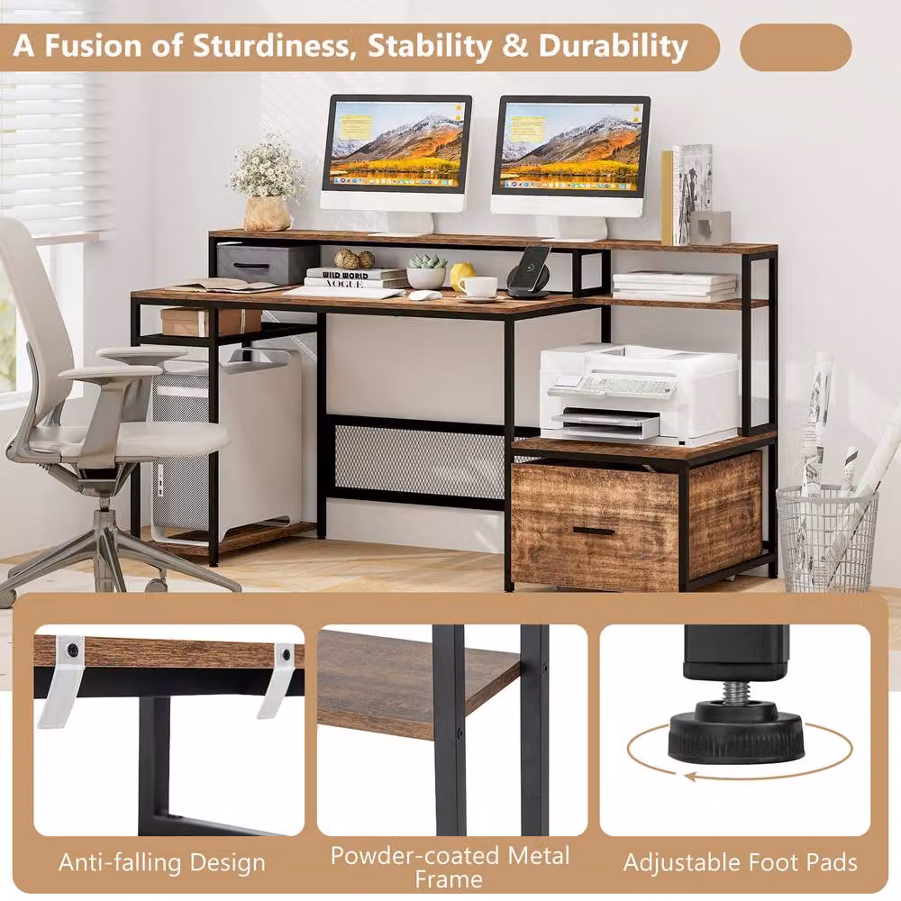 Costway Brown Computer Desk with Monitor Stand and File Drawer – 3