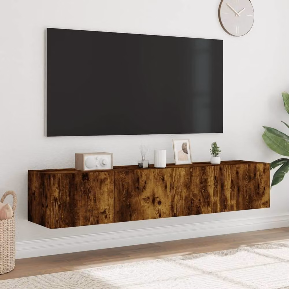 Berkfield Home Set of 2 Modern TV Wall Cabinets with LED Lights in Smoked Oak Brown, W/D/H: 80 x 35 x 31 cm – 4