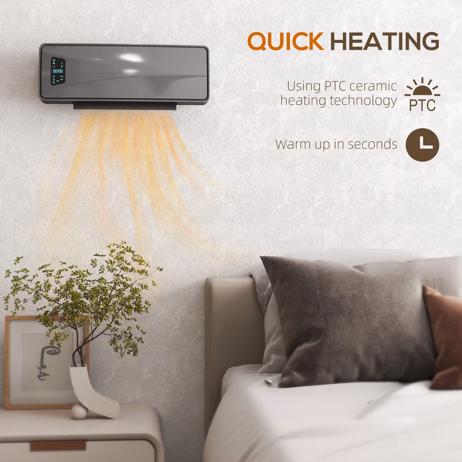 HOMCOM 2000W Ceramic Electric Fan Heater with Adjustable Thermostat, Timer and Remote Control, Wall Mounted, Grey – 3