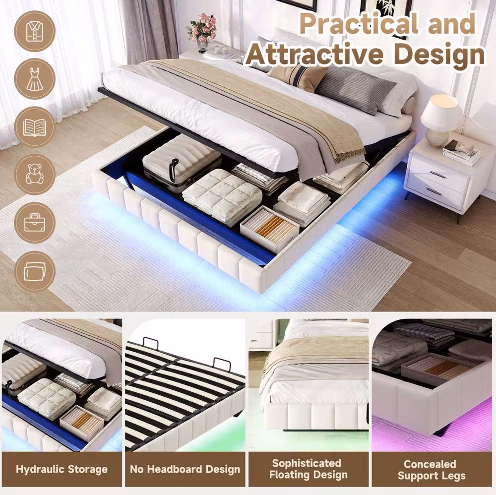 STILVORA Modern Upholstered Double Bed Frame with Hydraulic Lift-Up Storage and LED Under-Bed Lighting in Beige, 140 x 200 cm – 4