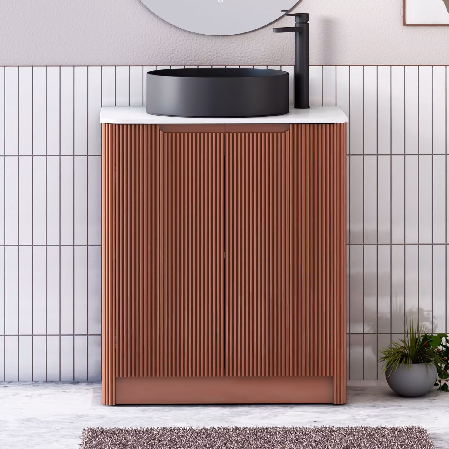 Royal Bathrooms Avenza 700mm Terracotta Clay Floor Standing 2 Door Vanity Unit with Plain White Worktop and Art Round Black Basin