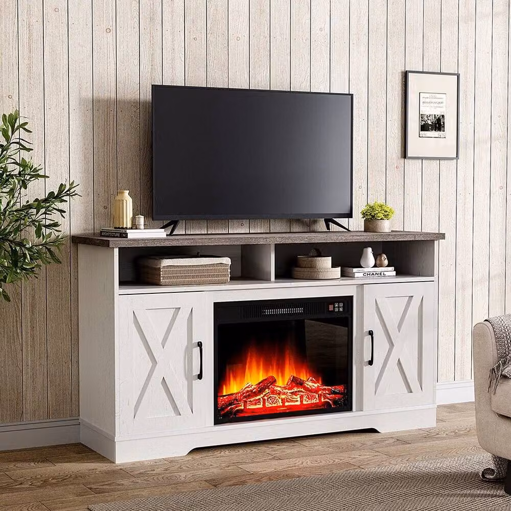 FORGEVIO Modern White TV Stand Unit Cabinet with Electric Fireplace and Media Compartments – 4