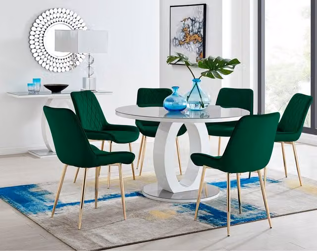 FurnitureboxUK Giovani Round Grey Glass Dining Table with 4 Green Pesaro Gold Leg Chairs, Diameter: 120 cm