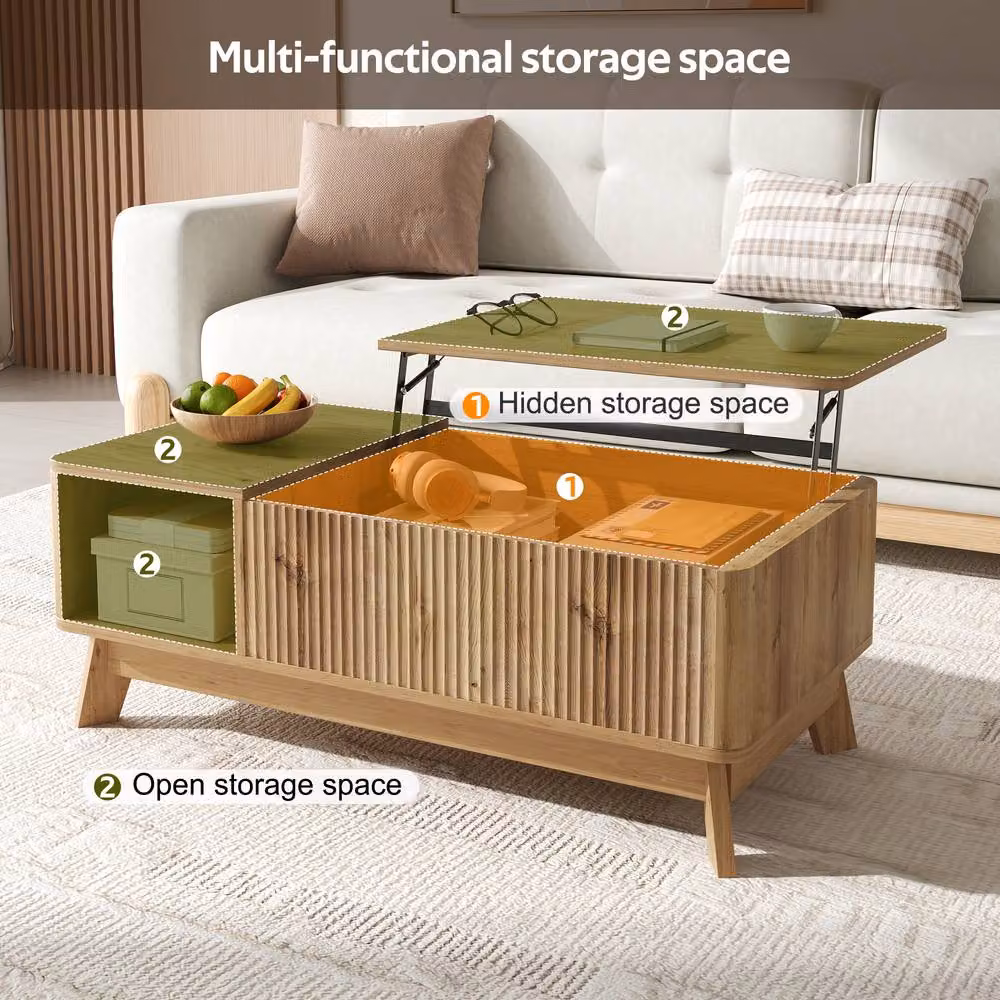 Merax Lift Top Coffee Table with Hidden Storage and Open Compartment in Brown – 2