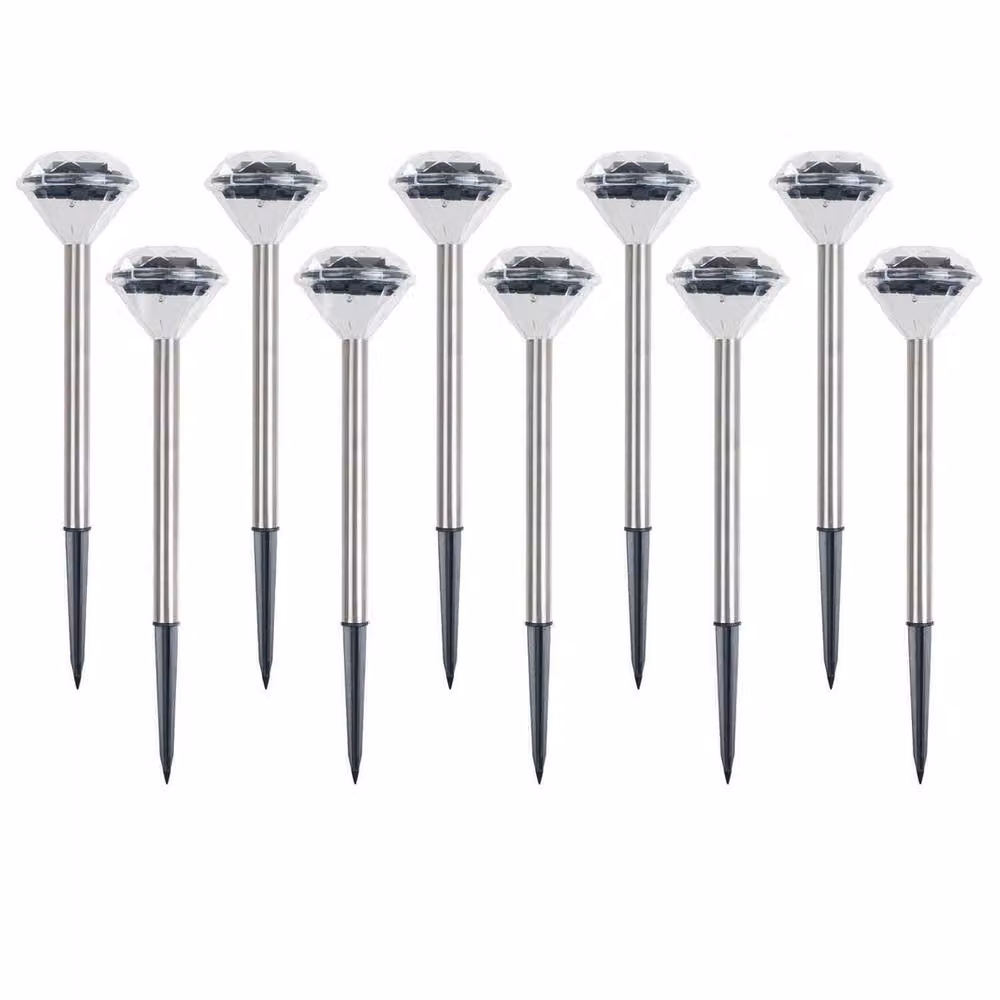 SPETLEK 10-Pack Solar Powered LED Diamond Garden Stake Lights in Transparent and Silver with Warm White Light – 2