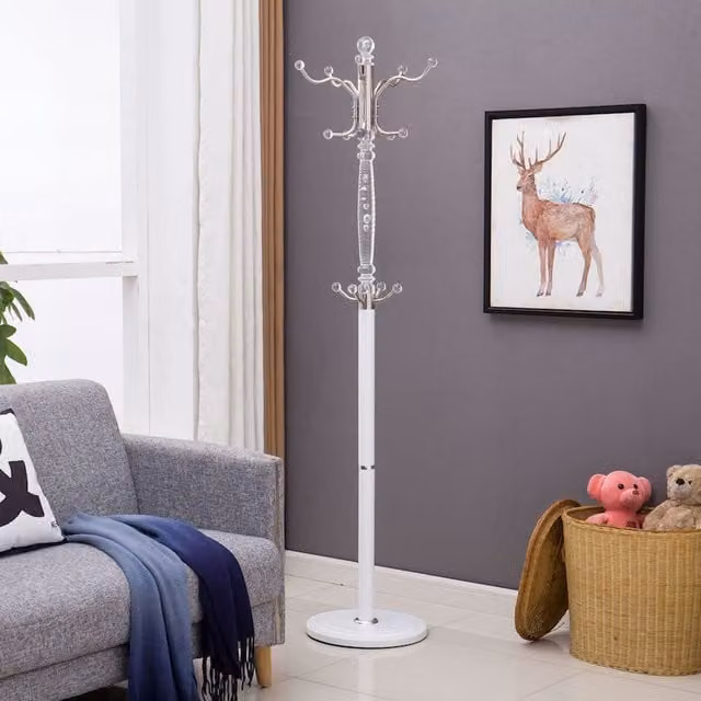 Modernique White Metal Post Tree Coat Rack with Distributed Point Hooks, H 185 cm x W 38 cm x D 38 cm