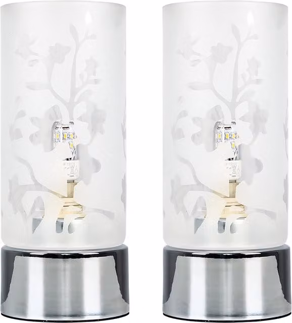ValueLights Set of 2 Floral Glass Touch Table Lamps in Silver and Chrome