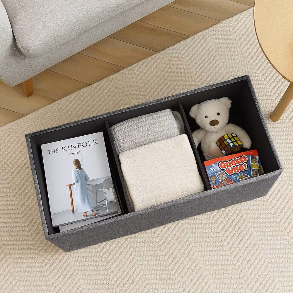 Harbour Housewares Foldable Grey Linen Storage Ottoman Bench, W/D/H: 111 x 37 x 39 cm – 11