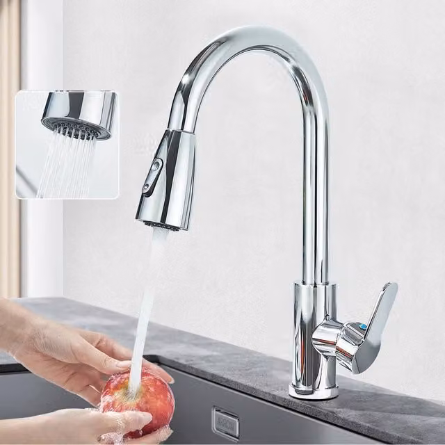 EONLION Single Lever Kitchen Sink Mixer Tap with Pull Out Spray in Silver and Chrome