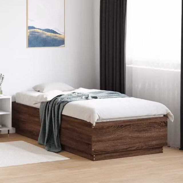 Berkfield Home Modern Bed Frame with LED Lighting and USB Charging Port in Brown Oak, W/D/H: 90 x 200 cm