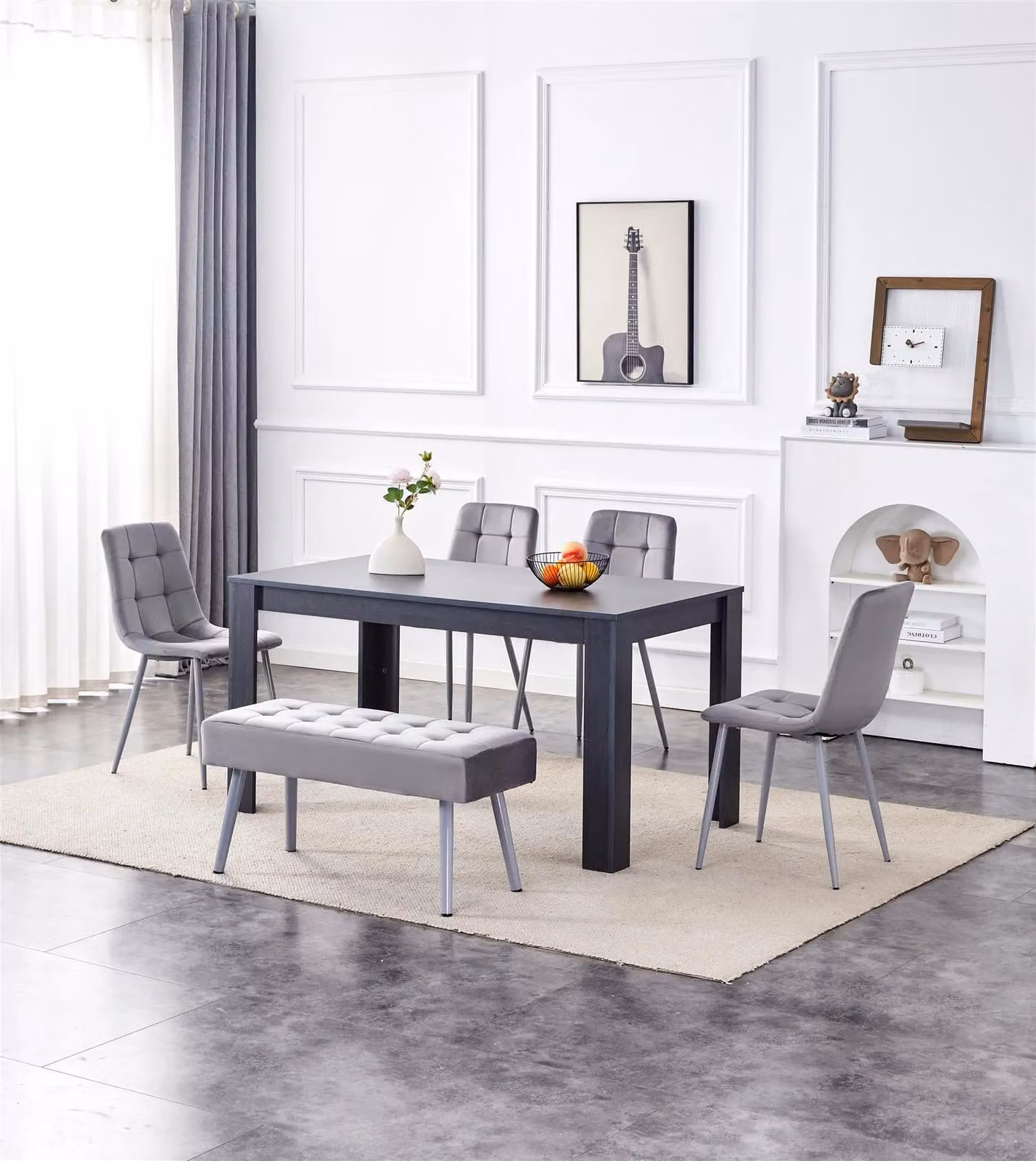 KOSY KOALA Modern Dining Set with Rectangular Table, 4 Grey Velvet Chairs and Bench in Brown and Grey – 3