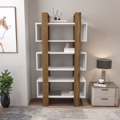 Decorotika Reina Bookcase Shelving Unit in White and Brown, Height: 150 cm