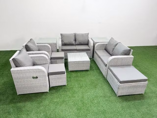 Fimous 9 Seater Rattan Garden Furniture Set with Reclining Chairs, Square Coffee Table, 3 Stools and 2 Side Tables in Light Grey