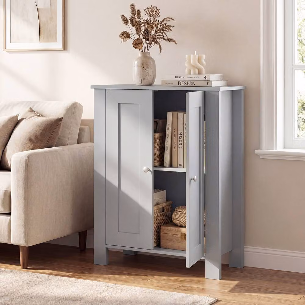 Costway Modern Grey Wooden Bathroom Floor Cabinet with Double Hinged Doors and Internal Shelves – 3