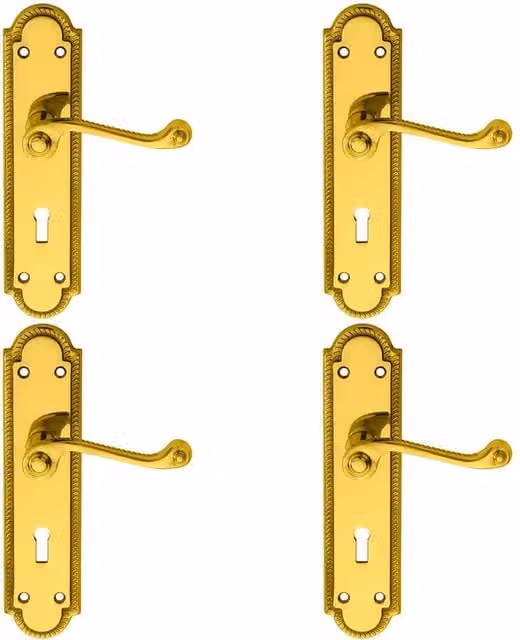 Loops 4x Pair Reeded Scroll Handles with Shaped Lock Backplates in Polished Brass, W: 20.5 cm, H: 4.9 cm