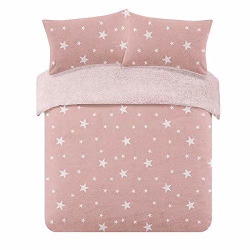 Dreamscene Star Printed Teddy Fleece Duvet Cover and Pillowcase Set, Pink and White, 140 x 200 cm – 1
