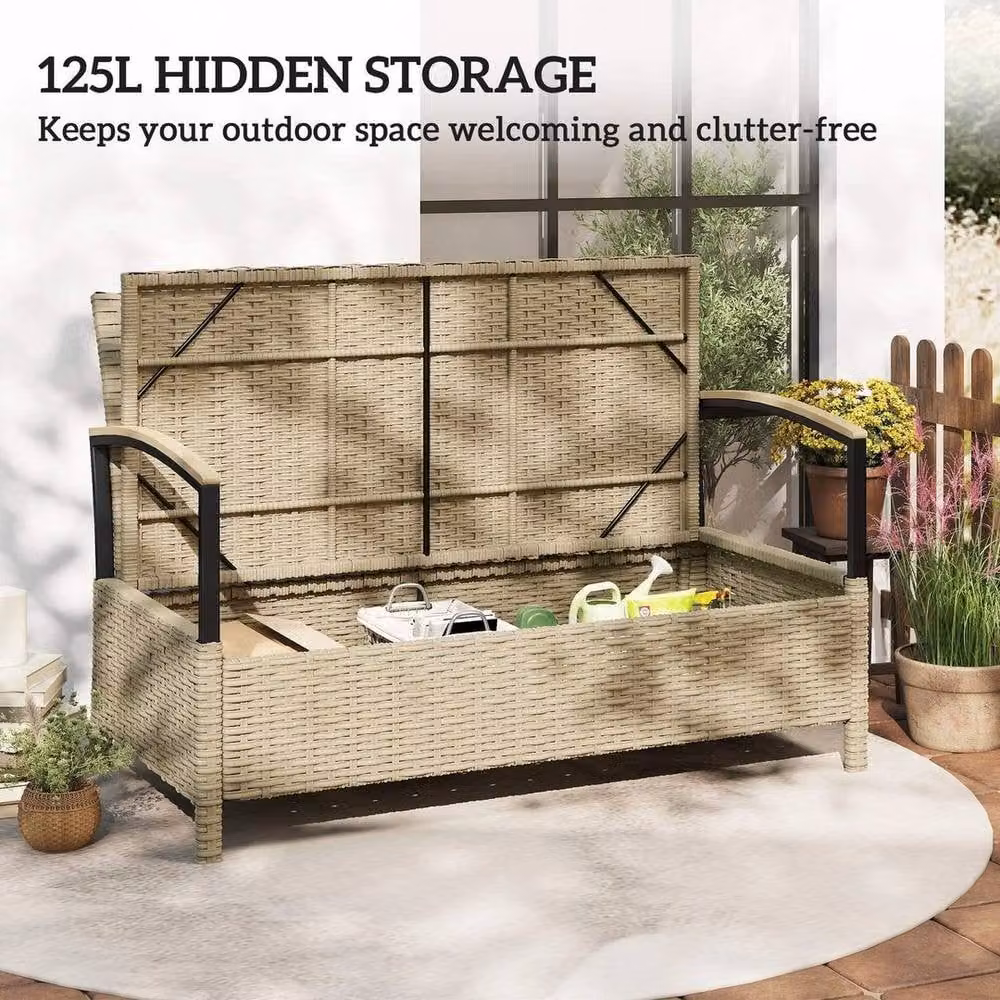 NESTLUNE 125L 2 Seater Garden Storage Bench in Beige PE Rattan, W: 100 cm, D: 15 cm – 3