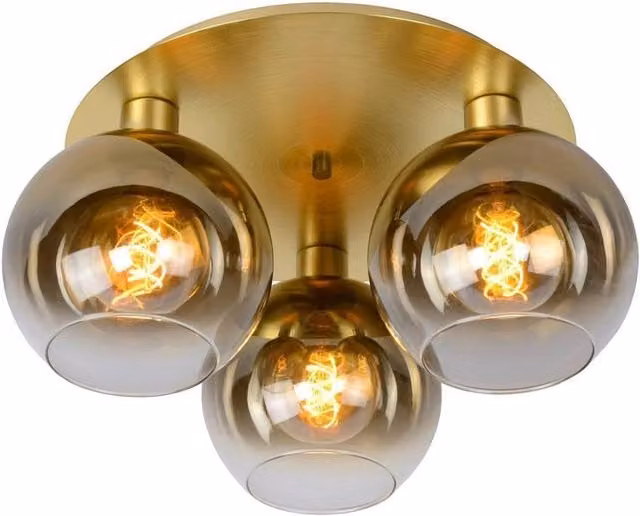 Lucide Marius Dimmable Retro LED Flush Ceiling Light with Transparent Glass, Gold/Brass, 3 x E27