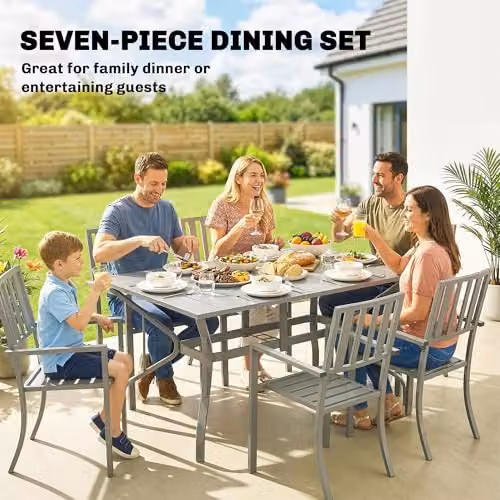 Outsunny 7 Piece Modern Garden Dining Set with Rectangular Metal Table and 6 Chairs in Grey – 3
