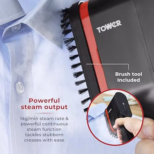Tower Handheld Garment Steamer with Ceramic Soleplate and Brush Attachment, 1400W, Black and Red – 5
