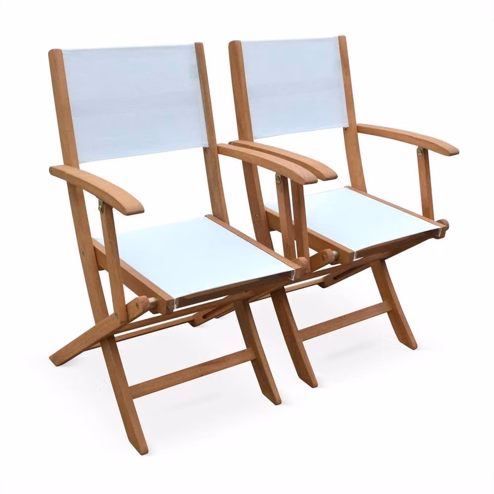 sweeek Pair of Foldable Wooden Garden Chairs with Armrests and Removable Grey Cushions in White – 2