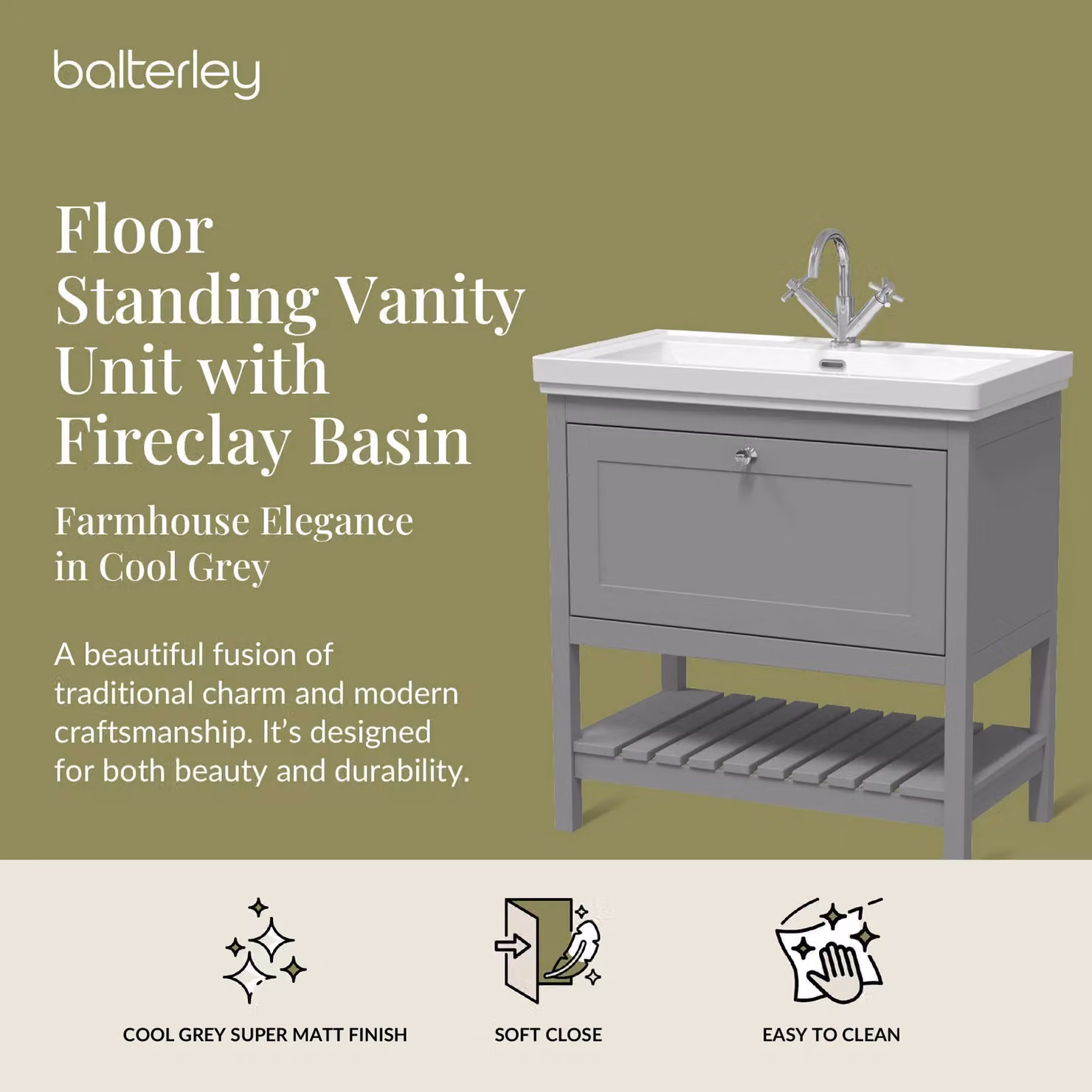 Balterley Bathroom Floor Vanity Unit with 1 Drawer and 1 Tap Hole Basin, Cool Grey, Width: 83 cm – 2