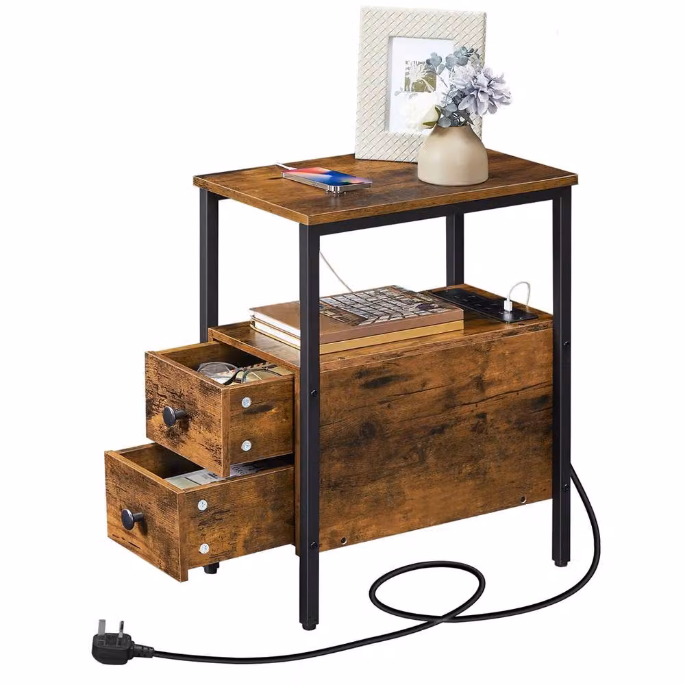 FORGEVIO Brown Industrial Wood Bedside Table and End Table – 3