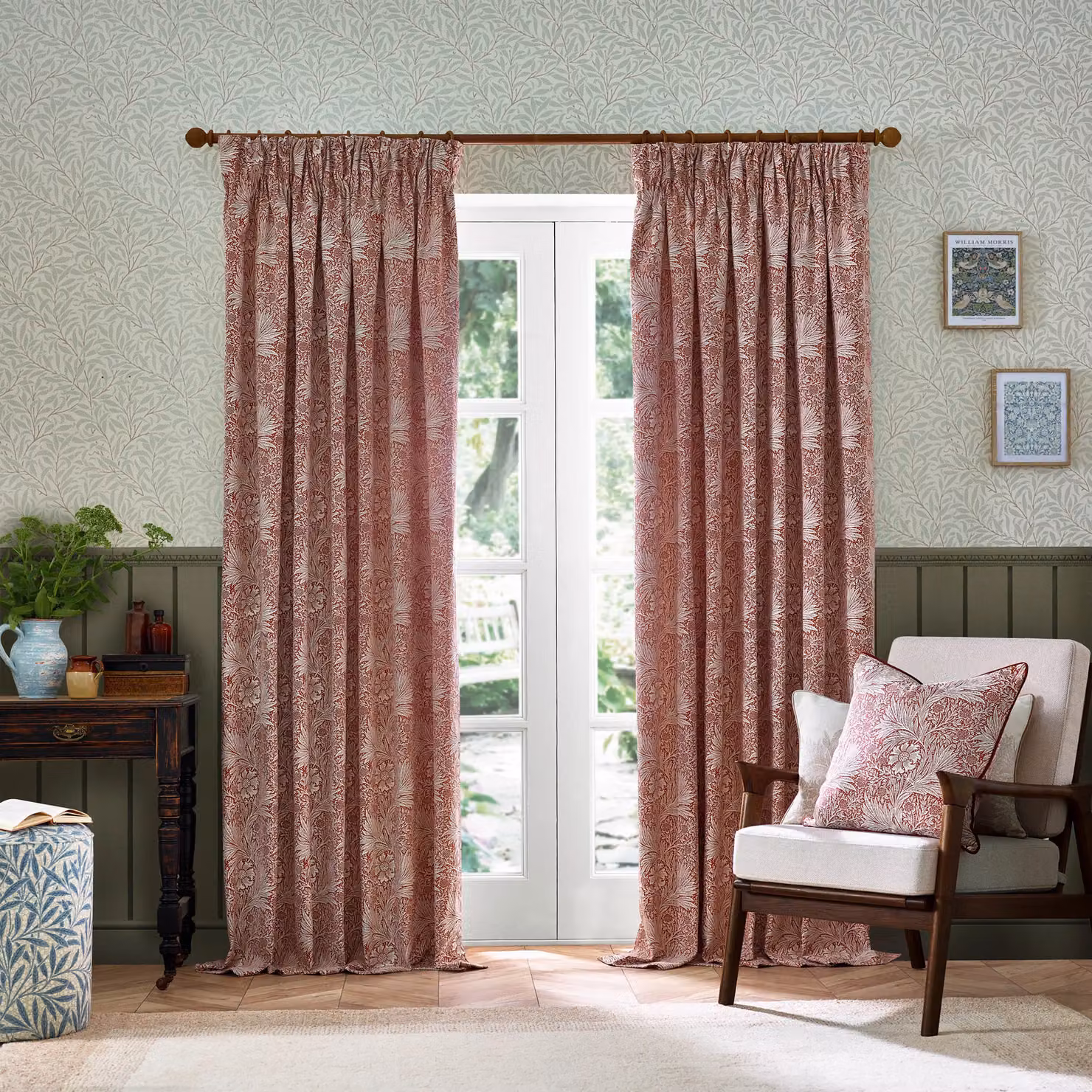 Morris & Co. Marigold Jacquard Floral Pencil Pleat Curtains, Russet, Width: 168 cm, Drop: 229 cm – 2