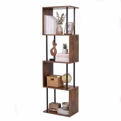 Levede 5-Tier S-Shaped Geometric Bookshelf, Modern Freestanding Wooden Storage Unit for Living Room and Home Office, H 126 x W 38 x D 24 cm, Walnut – 1
