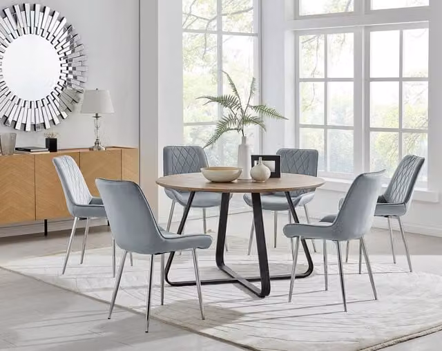 FurnitureboxUK Santorini Brown Round Dining Table and Pesaro Grey Chairs with Silver Legs – 1